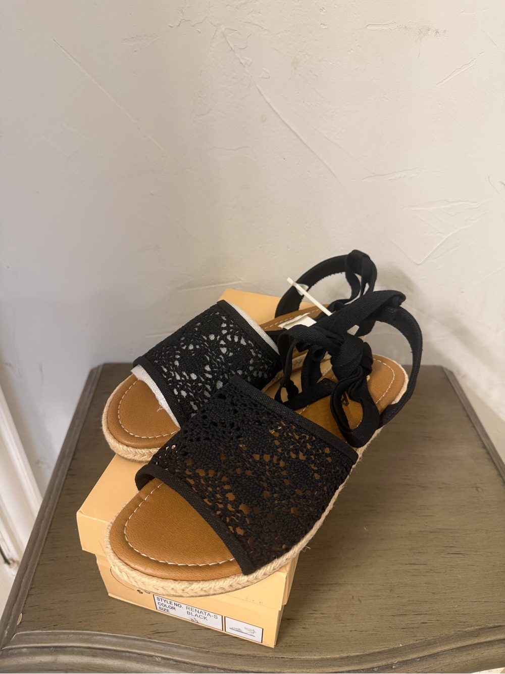 Soda Black Crochet Espadrille Sandals with Ankle Tie